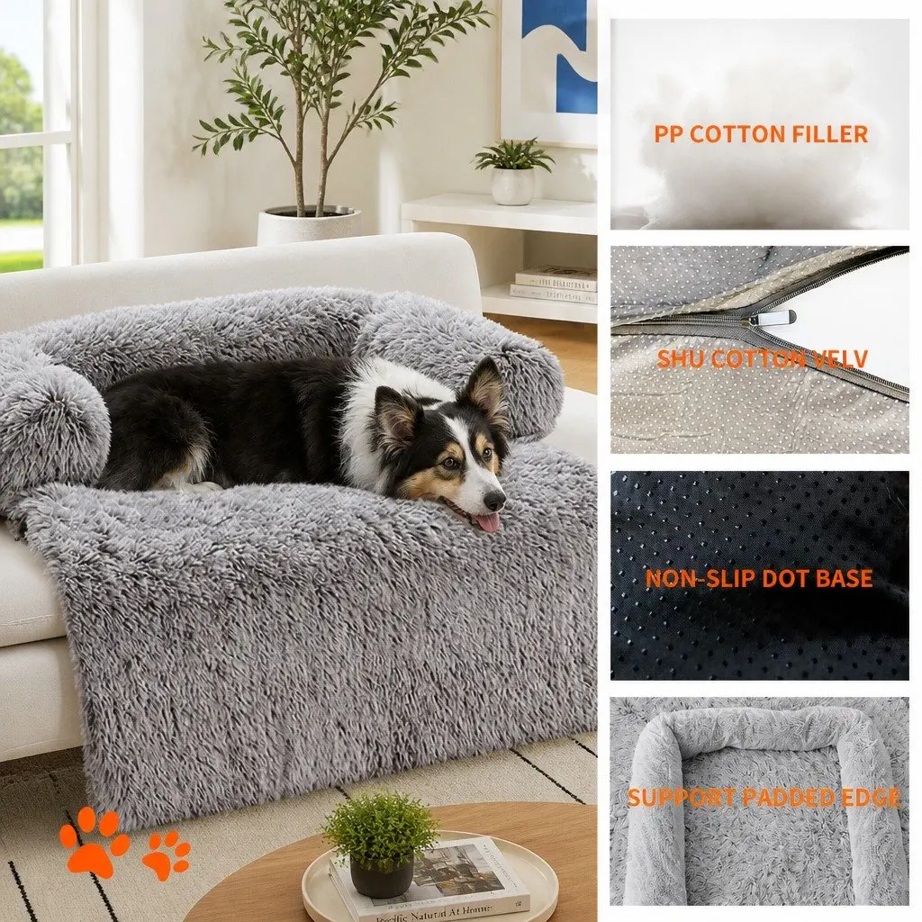Dog Sofa Bed Gradient Brown Small Plush Calming Cushion Protector Cover