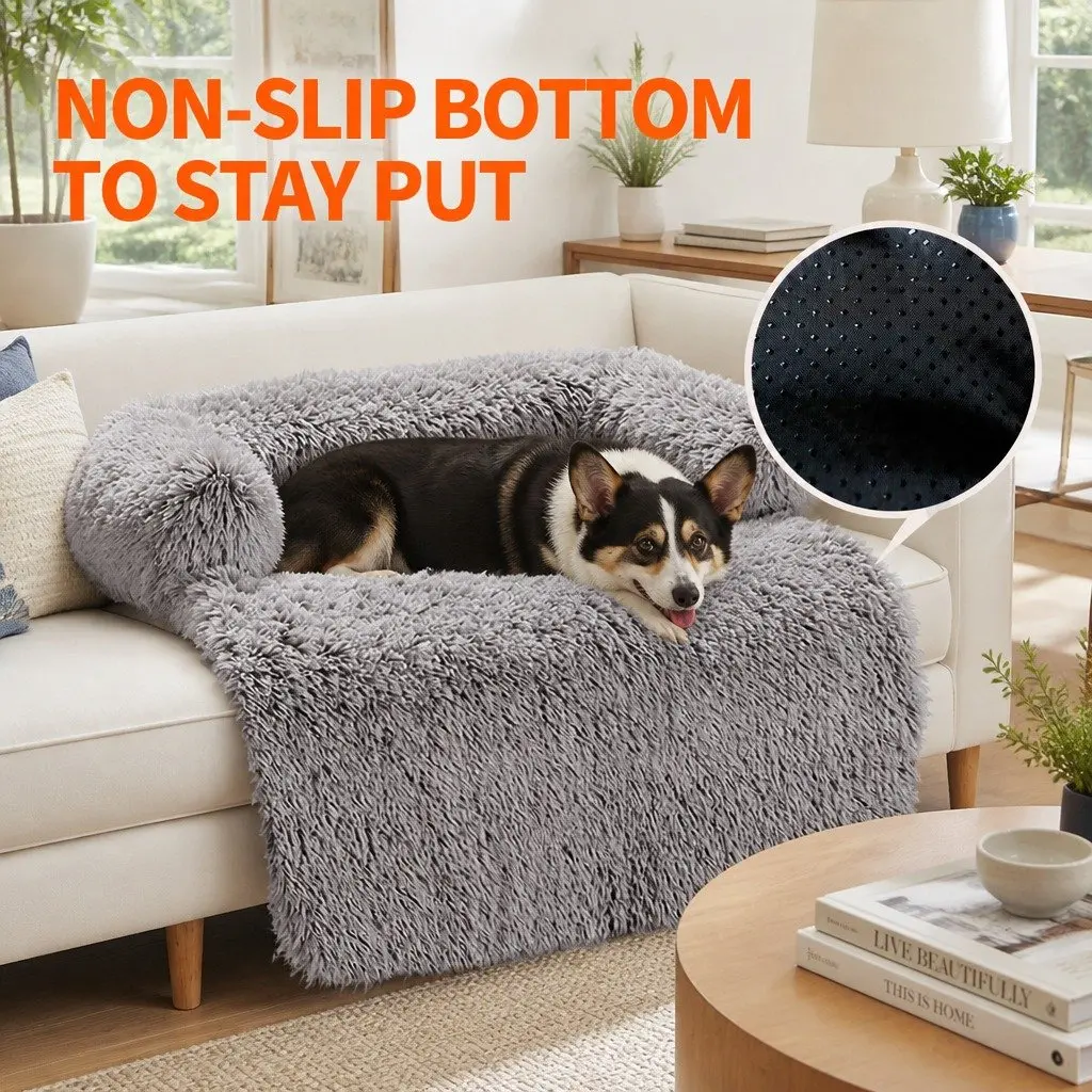 Dog Sofa Bed Gradient Brown Small Plush Calming Cushion Protector Cover