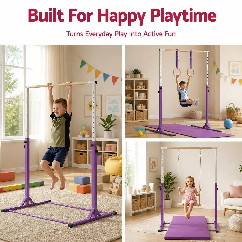 Kids Gymnastics Bar Purple Adjustable Height Indoor Outdoor Training