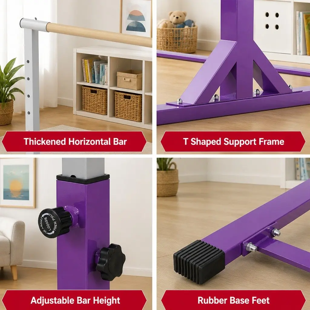 Kids Gymnastics Bar Purple Adjustable Height Indoor Outdoor Training