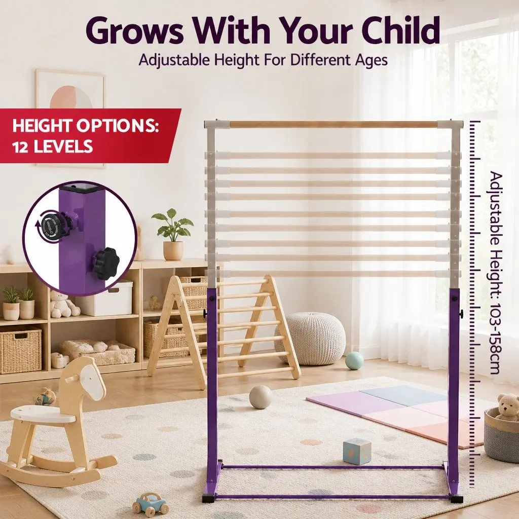 Kids Gymnastics Bar Purple Adjustable Height Indoor Outdoor Training
