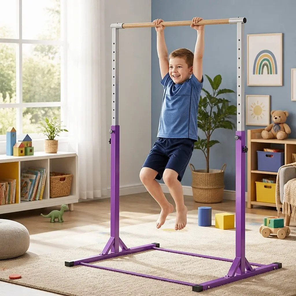 Kids Gymnastics Bar Purple Adjustable Height Indoor Outdoor Training