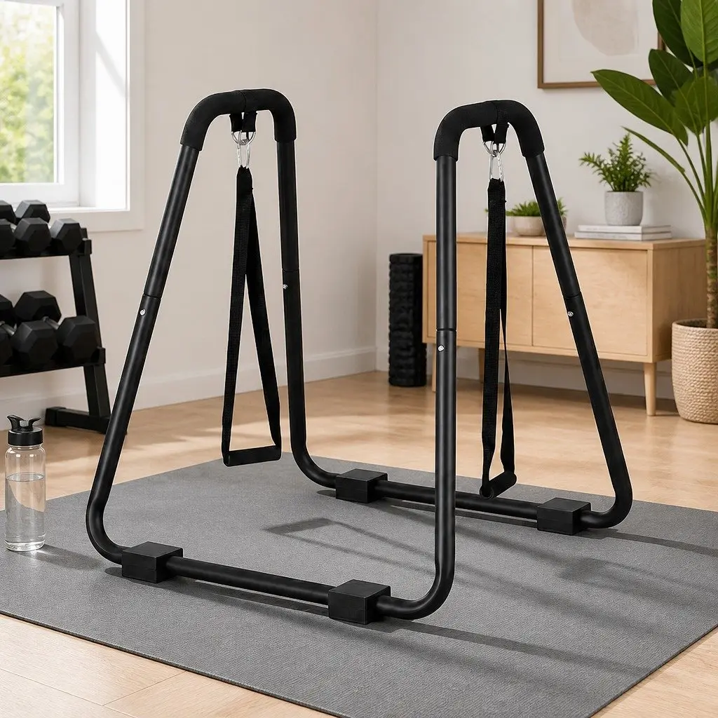 Dip Station Parallel Bars Black Heavy Duty with Dual Hanging Rings for Home Gym Strength Training