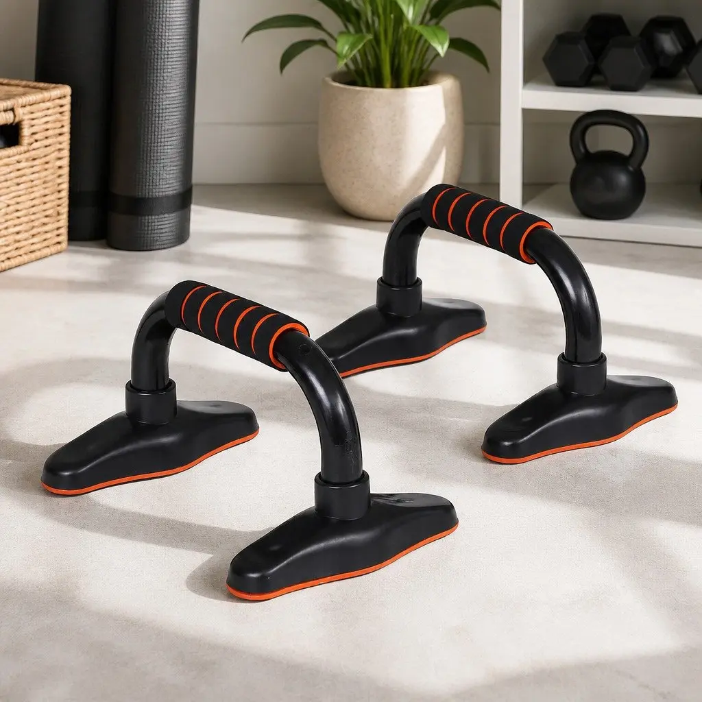 Push Up Bars Orange and Black Ergonomic Handles Non-Slip Base Home Gym Fitness Strength Training Exercise