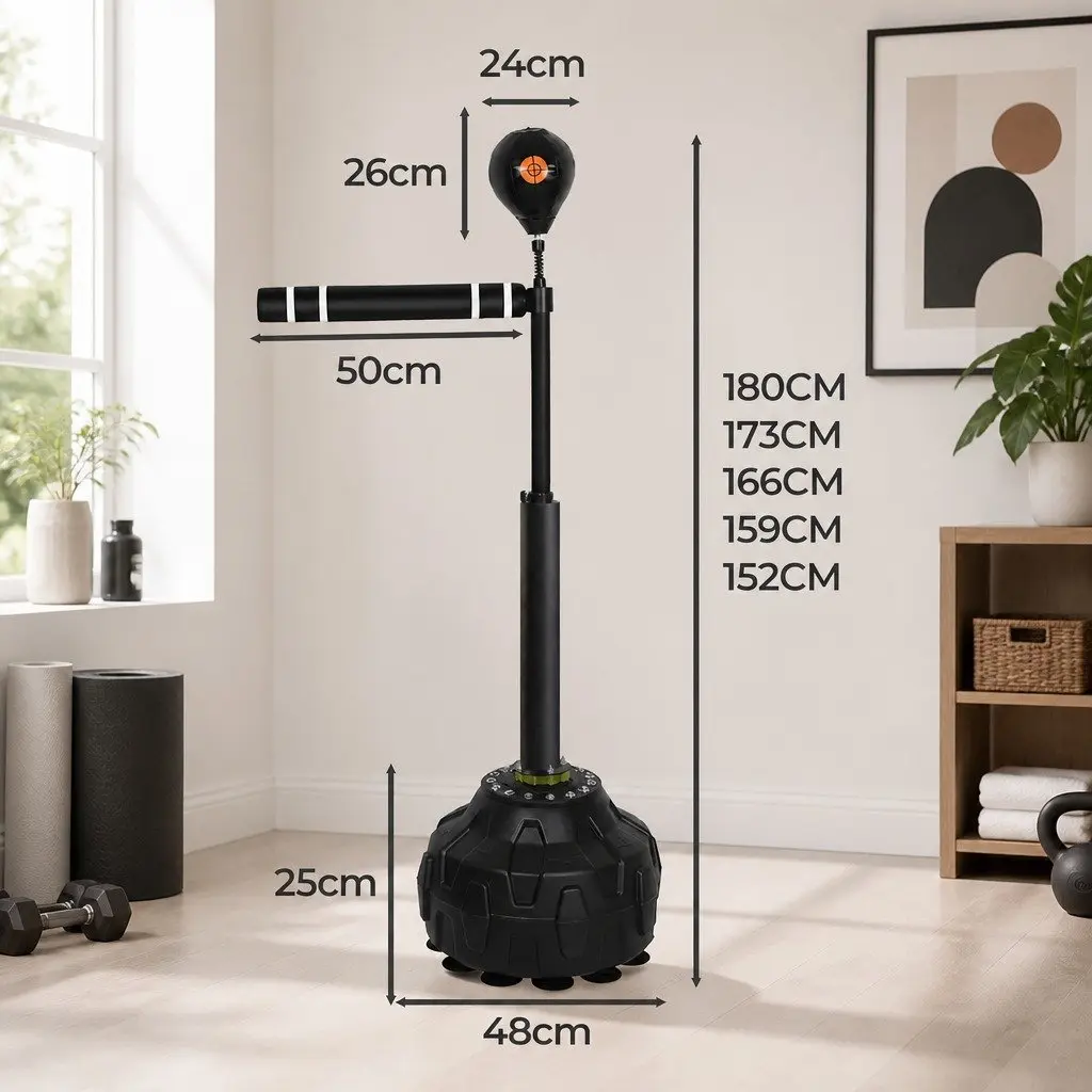 Boxing Reflex Bag Black Adjustable Height Freestanding Spinning Arm Speed Ball Punching Training Device