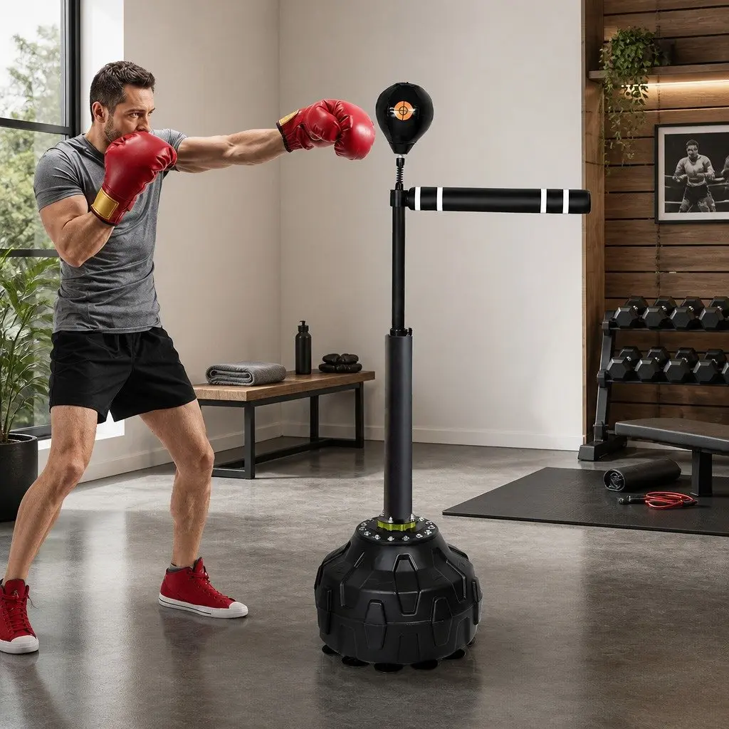 Boxing Reflex Bag Black Adjustable Height Freestanding Spinning Arm Speed Ball Punching Training Device