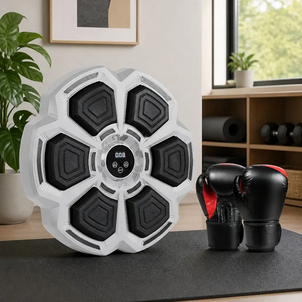 Music Punching Box Grey Wall Mount with 12oz Boxing Gloves Bluetooth Connectivity for Home Fitness