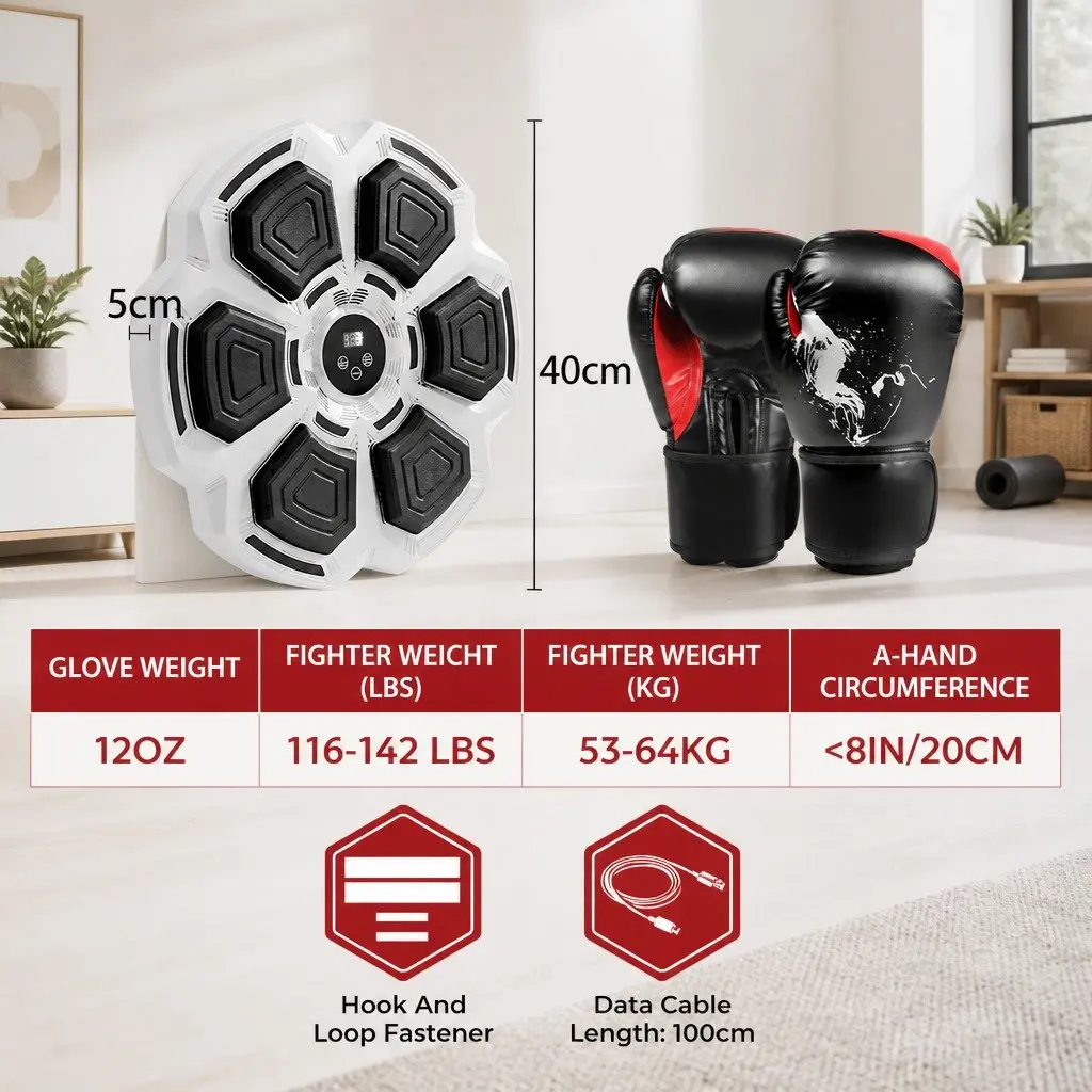 Music Punching Box Grey Wall Mount with 12oz Boxing Gloves Bluetooth Connectivity for Home Fitness