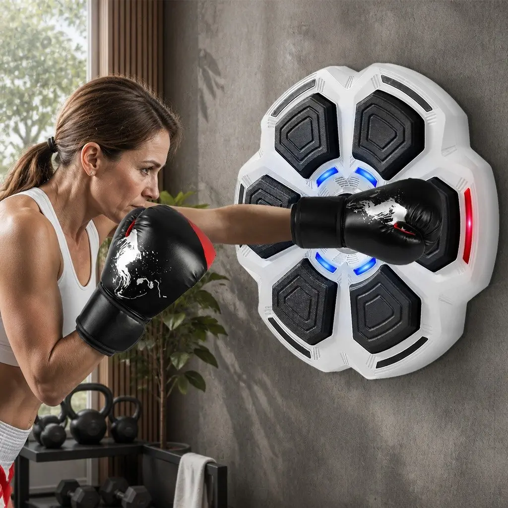 Music Punching Box Grey Wall Mount with 12oz Boxing Gloves Bluetooth Connectivity for Home Fitness