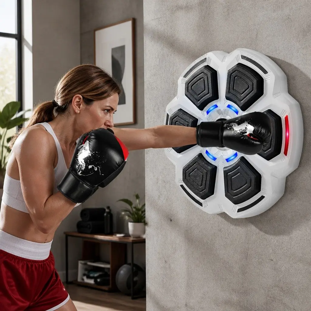 Music Boxing Machine Grey Wall Mount Home Workout with 8oz Gloves