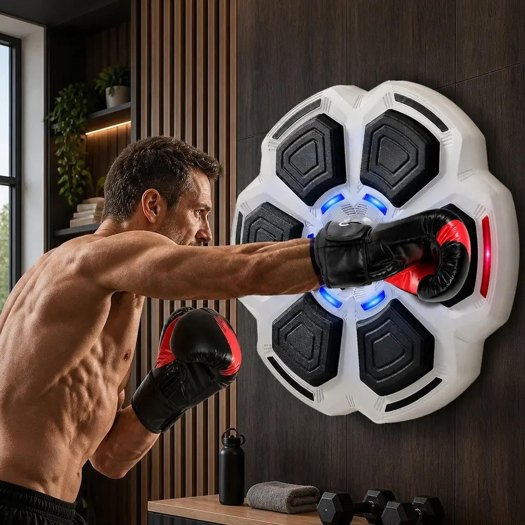 Music Boxing Machine Grey Wall Mount Home Workout with 8oz Gloves