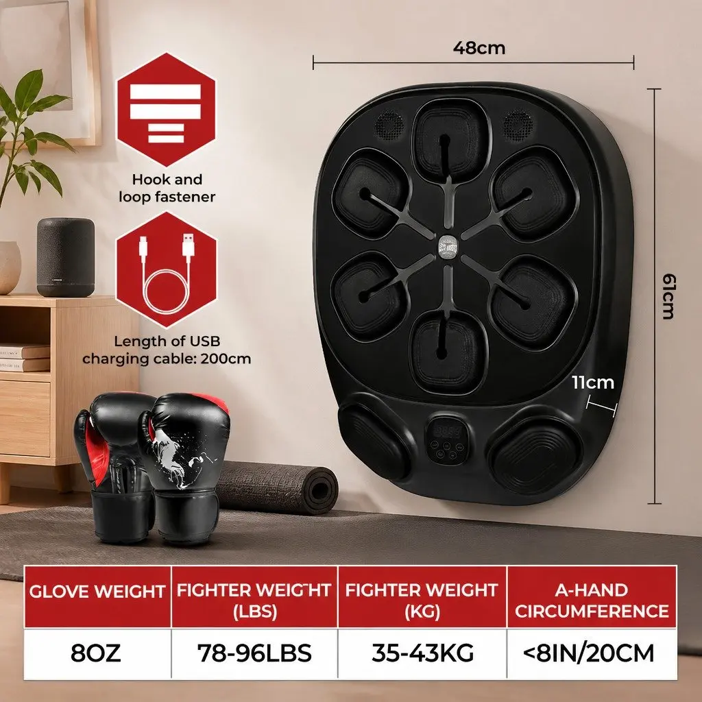 Music Boxing Machine Black 48cm x 61cm 10 Speed 9 Modes Smart Punching Bag Home Workout Training