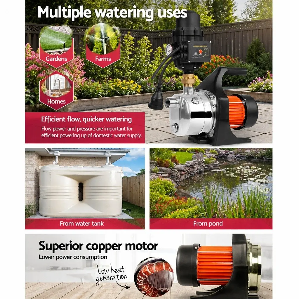 Irrigation Pump Black 1500W Automatic Pressure Controller Durable Stainless Steel Body