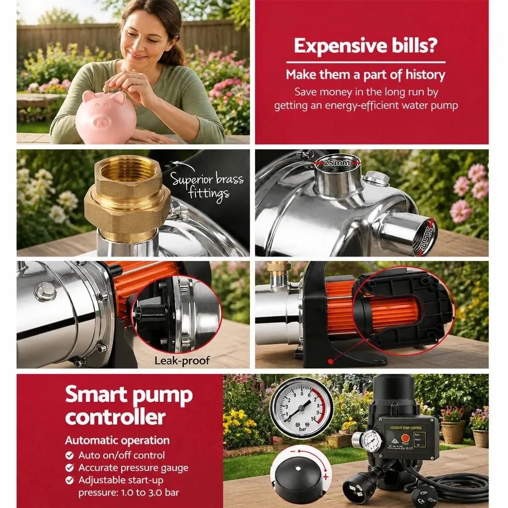 Irrigation Pump Black 1500W Automatic Pressure Controller Durable Stainless Steel Body