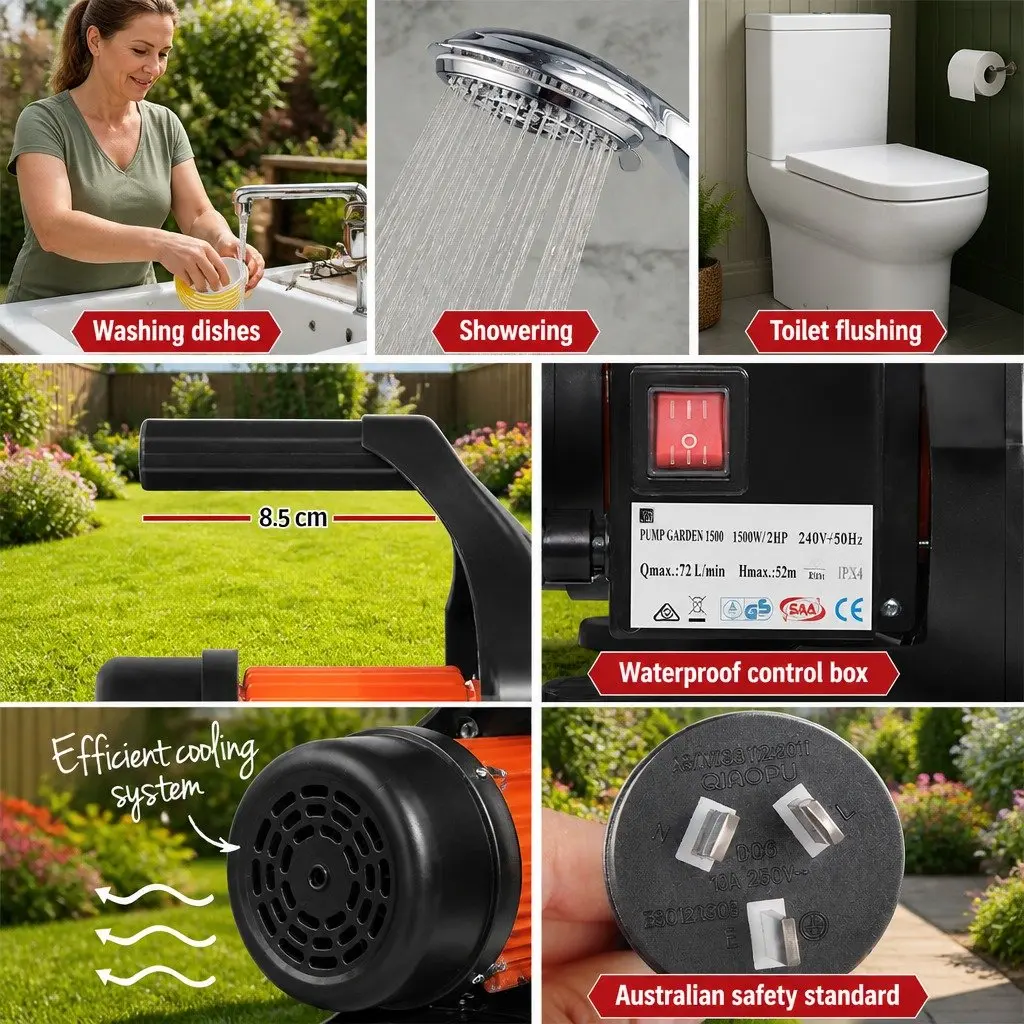 Irrigation Pump Black 1500W Automatic Pressure Controller Durable Stainless Steel Body