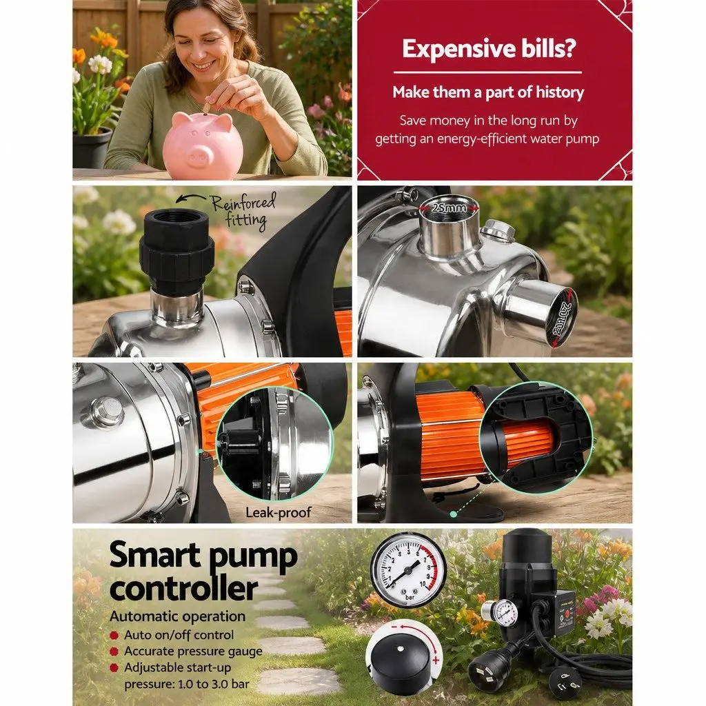 Irrigation Pump Black 800W 54L/min Max Flow Rate Automatic Pressure Control