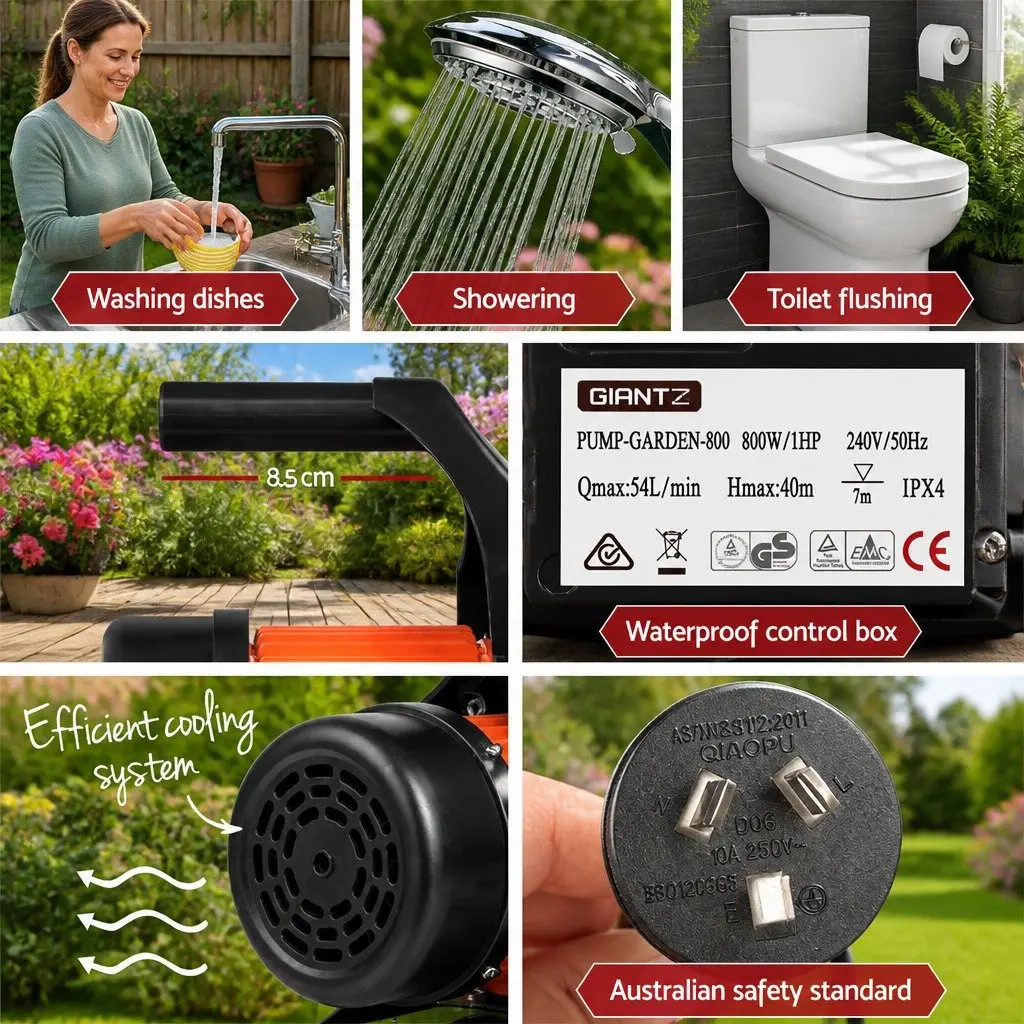 Irrigation Pump Black 800W 54L/min Max Flow Rate Automatic Pressure Control