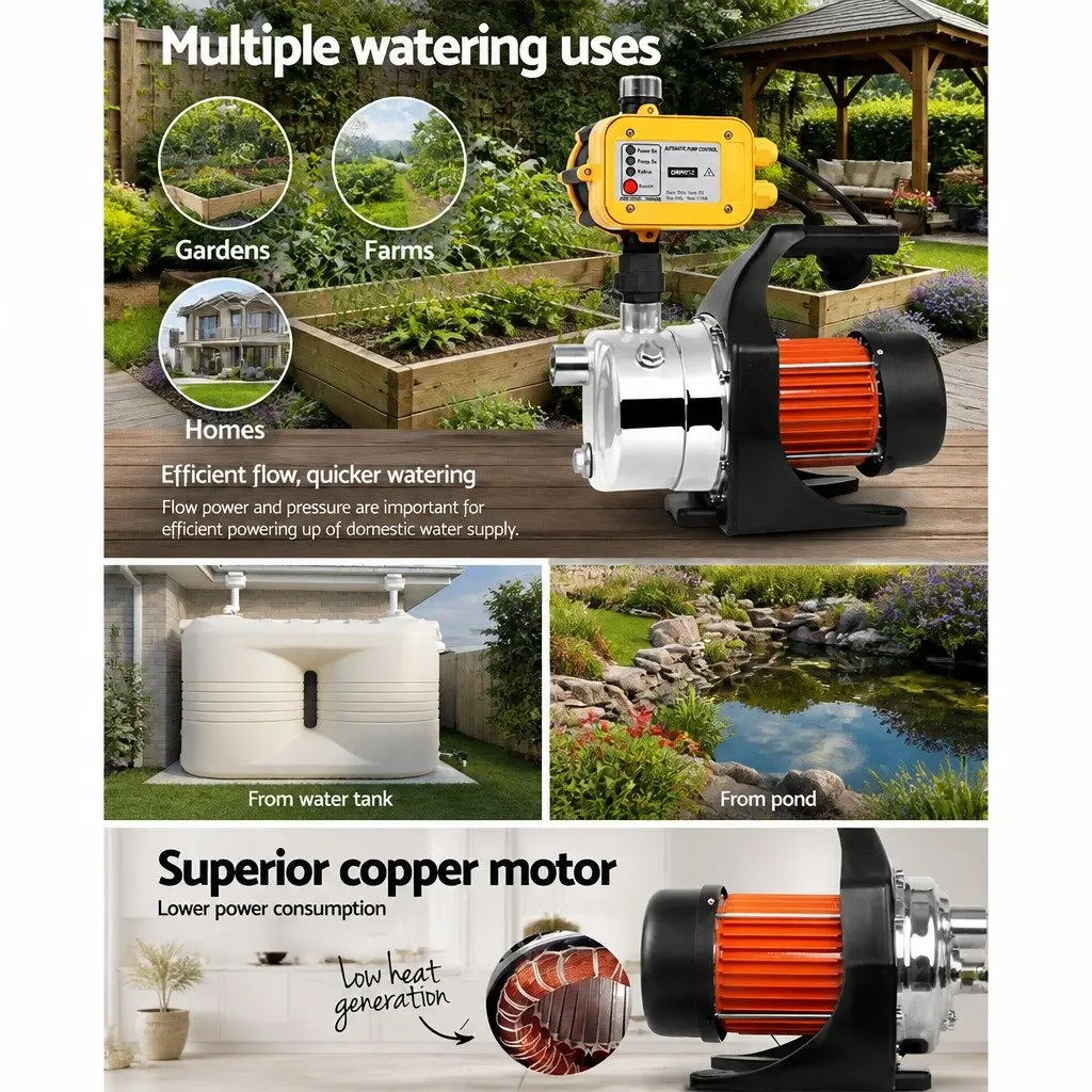 Irrigation Pump Black 800W Automatic Pressure Controller Stainless Steel Construction