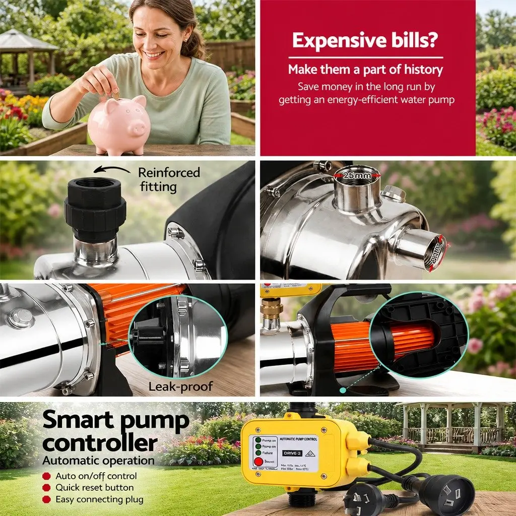Irrigation Pump Black 800W Automatic Pressure Controller Stainless Steel Construction