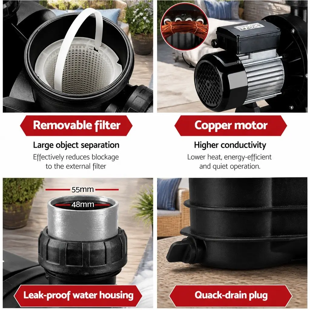 Pool Pump Black 2000W 2.7HP High-Performance Water Circulation Filter for Swimming Pools