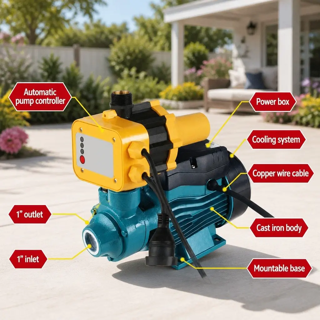 Peripheral Water Pump Yellow 0.5HP Automatic Controller Brass Impeller