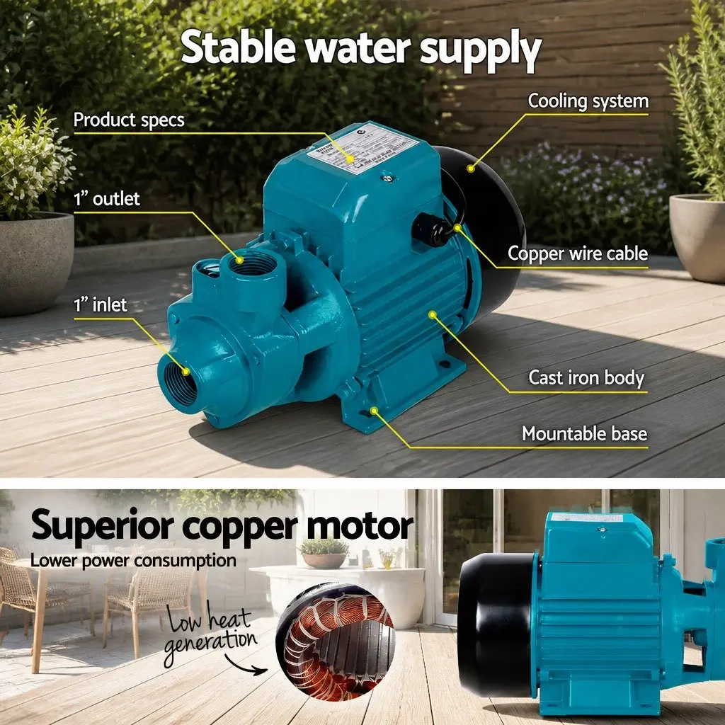 Irrigation Pump Blue 750W High Flow Rate Rust-resistant Brass Impeller Suitable for Garden Pool Cleaning