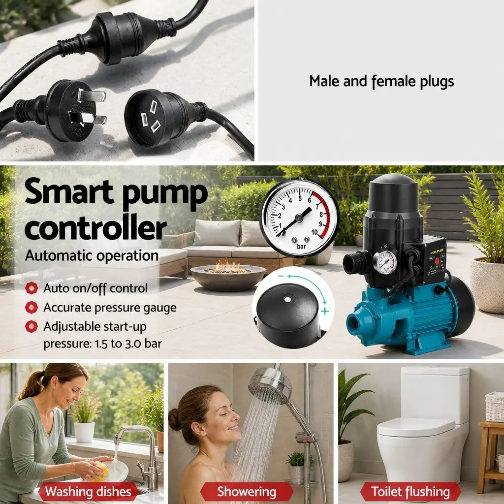 Water Pump Black 750W Automatic Electronic Pressure Control for Garden Irrigation Pool Cleaning