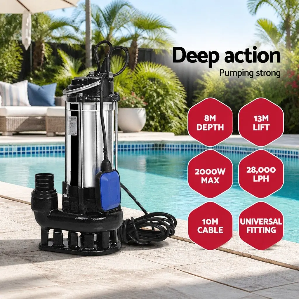 Submersible Dirty Water Pump Black 2000W Max 28000L/H Automatic Stainless Steel