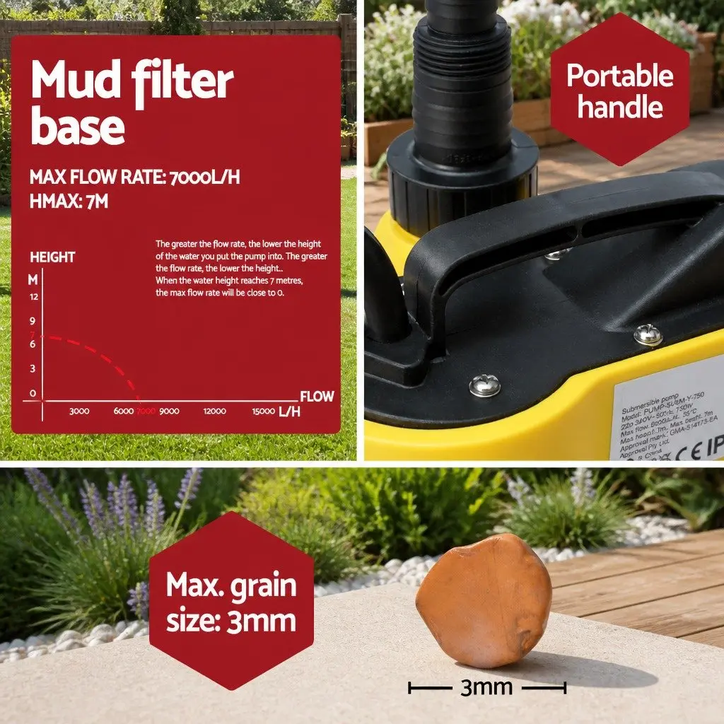 Submersible Pump Yellow 400W Portable Dirty Water Well Drainage Automatic Start-Stop 10m Cable