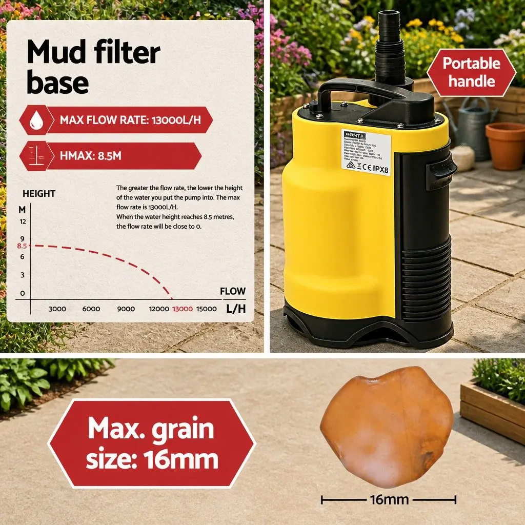 Submersible Water Pump Yellow 750W Portable Automatic Operation Suitable for Dirty and Clean Water