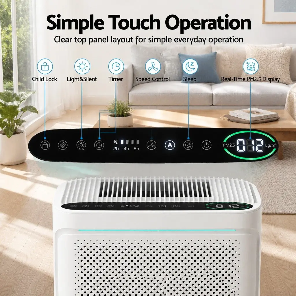 Air Purifier White 2 Piece H12 HEPA Filter PM2.5 Display 200m³h CADR Auto Mode Sleep Mode
