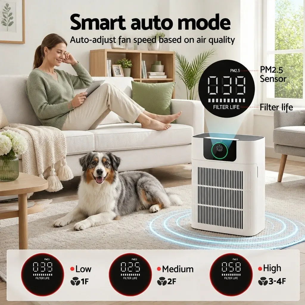 Pet Air Purifier White 31cm 3 Stage HEPA Filter PM2.5 Display Auto Sleep Mode
