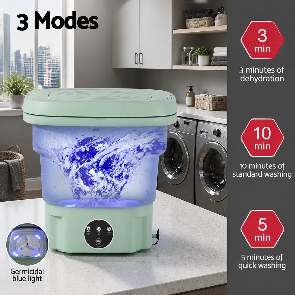 Portable Folding Washing Machine 8L Capacity Lightweight Travel Laundry Green