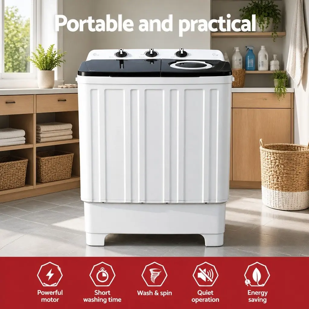 Portable Twin Tub Washing Machine 7KG Capacity Compact Laundry White