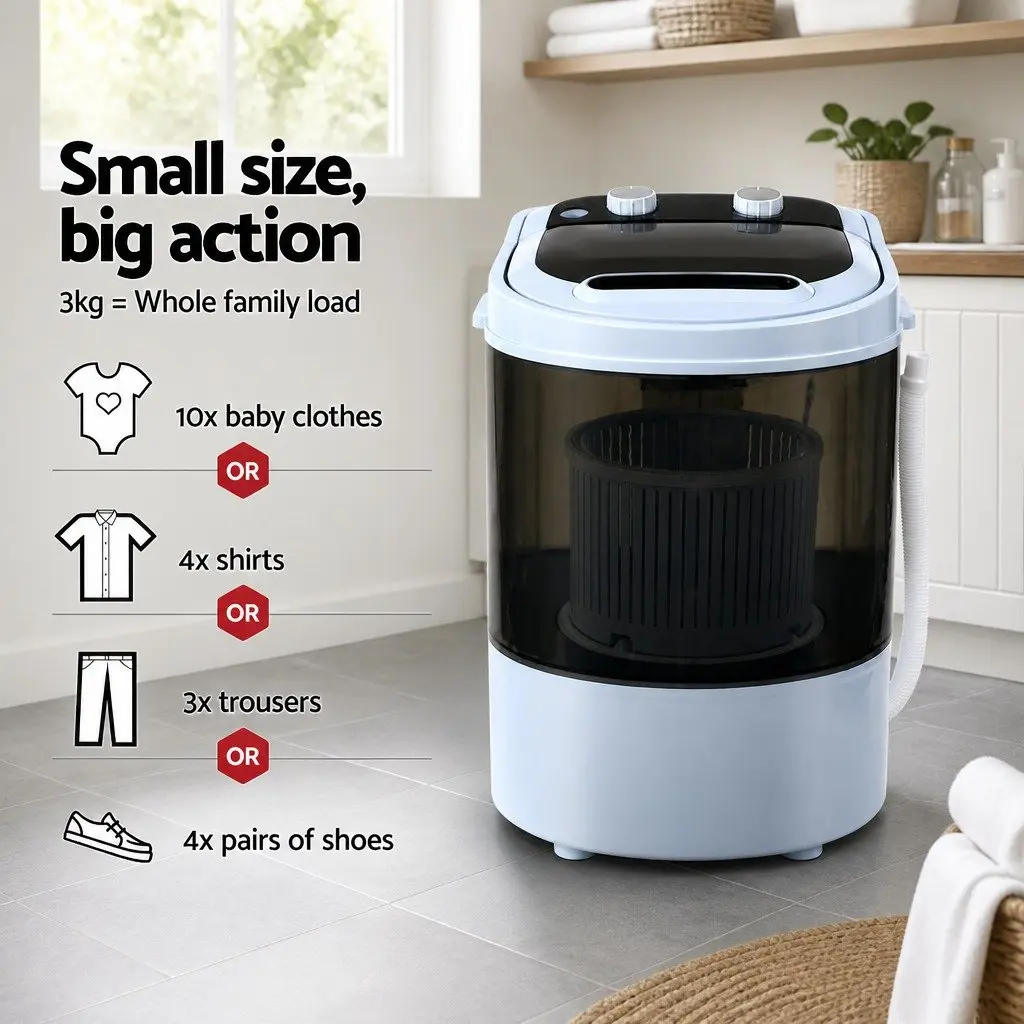 Portable Washing Machine 3KG Capacity Compact Lightweight Travel Camping Laundry