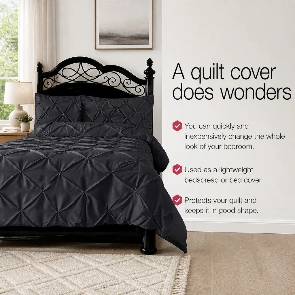 Queen Quilt Cover Set Pinch Pleat Diamond Design 3-Piece Bedding Black