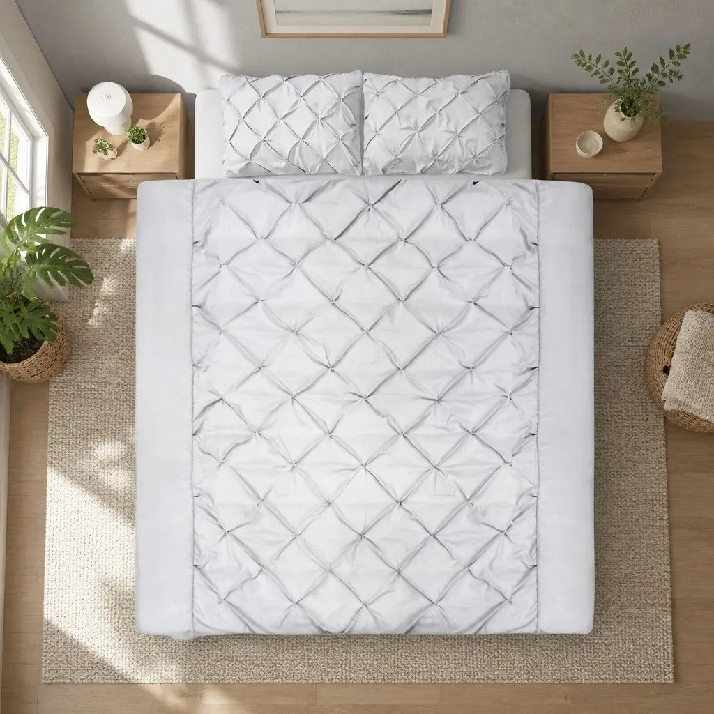 King Quilt Cover Set Grey 3 Piece Diamond Pintuck Duvet Bedding