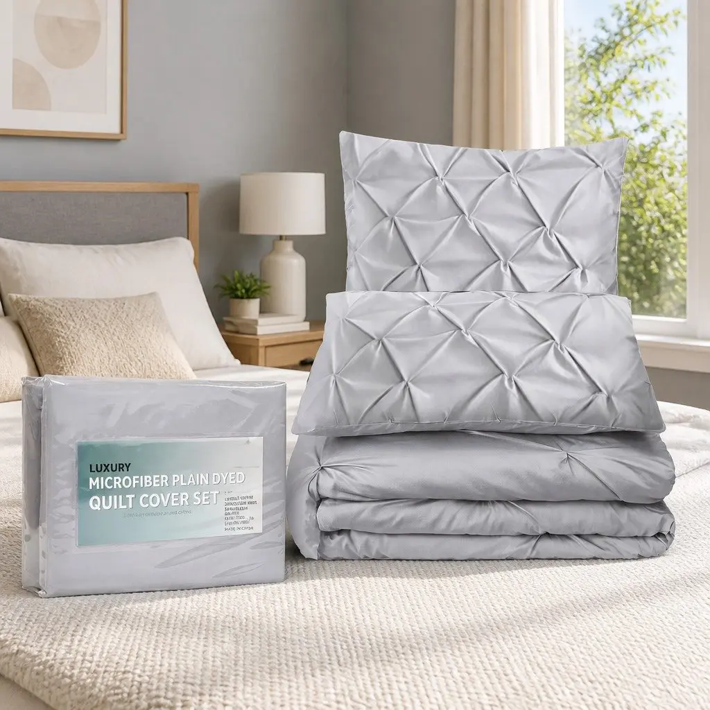 King Quilt Cover Set Grey 3 Piece Diamond Pintuck Duvet Bedding