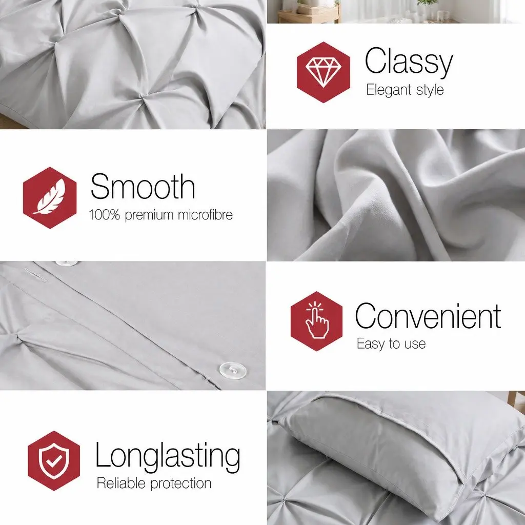 Queen Quilt Cover Set 3-Piece Pinch Pleat Diamond Bedding Grey Pillowcases