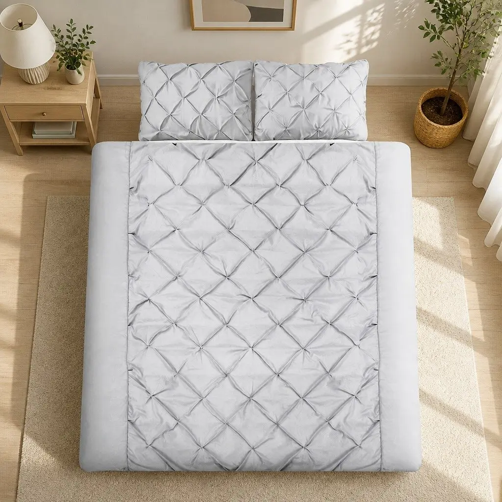 Quilt Cover Set Grey Super King Diamond Pintuck 3 Piece Bedding Duvet Pillows