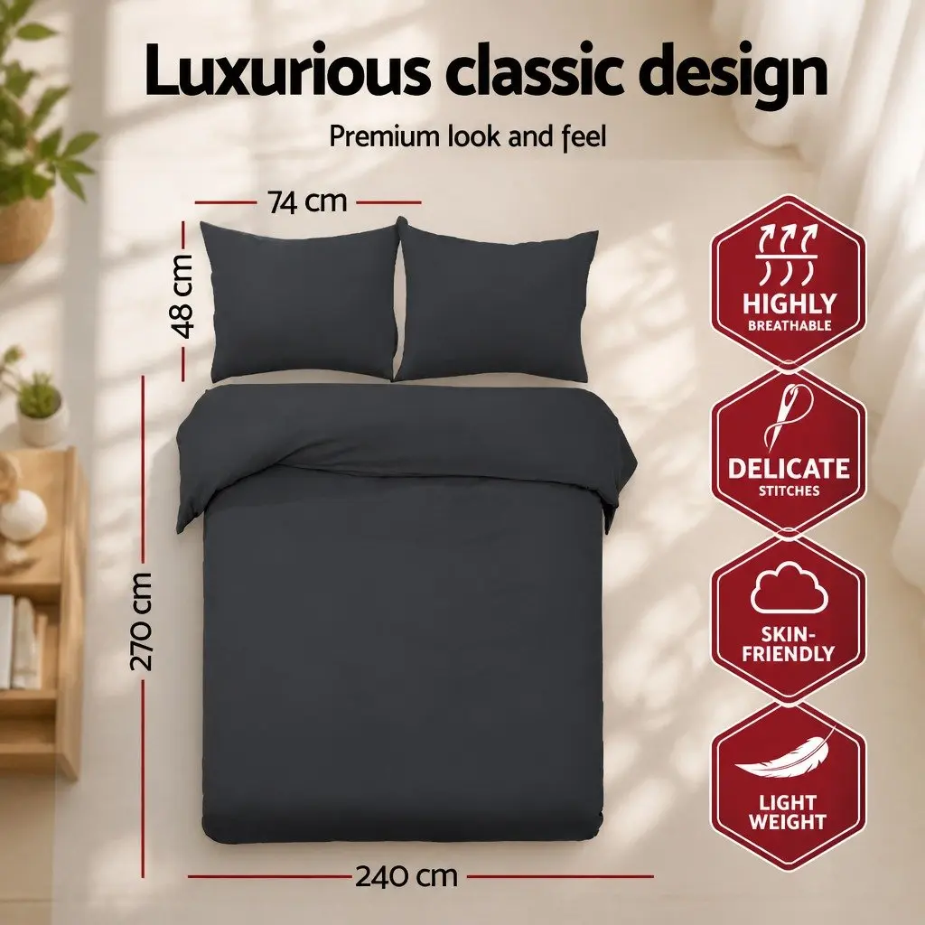 Quilt Cover Set Super King Black 3-Piece Duvet Bedding Microfibre Pillowcases