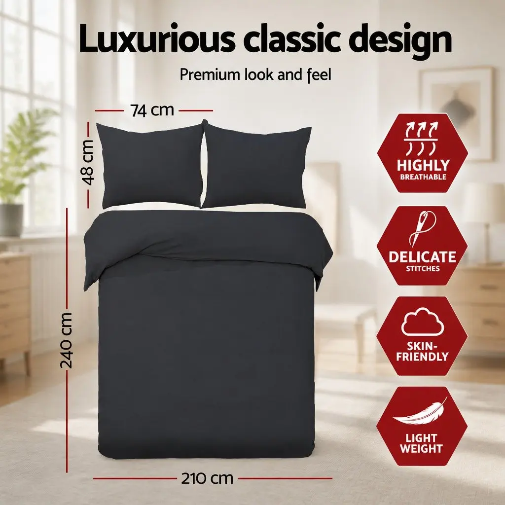 King Duvet Cover Set Black 3 Piece Soft Microfibre Lightweight