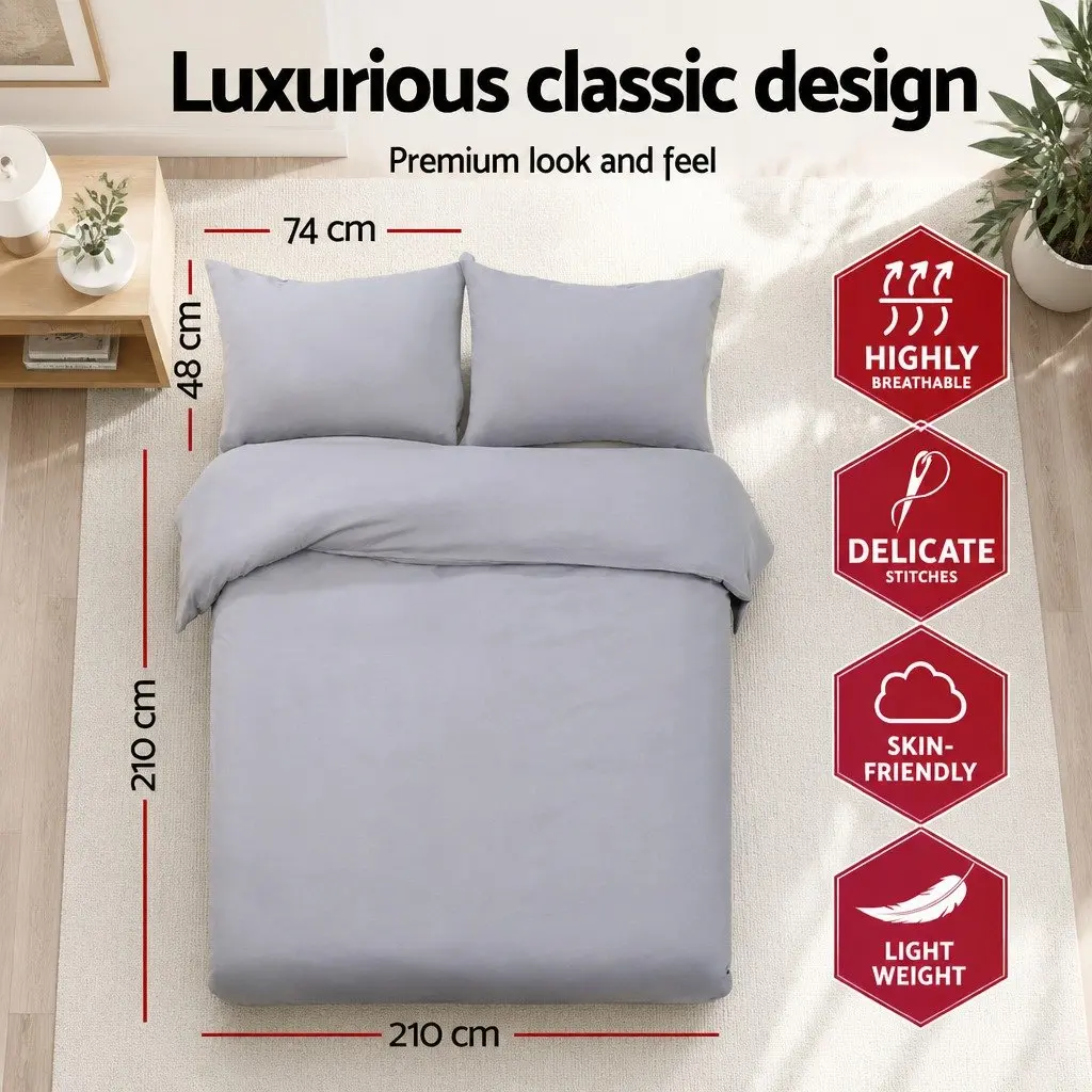 3 Piece Grey Quilt Cover Set Queen Lightweight Soft Bedding Duvet Pillowcases