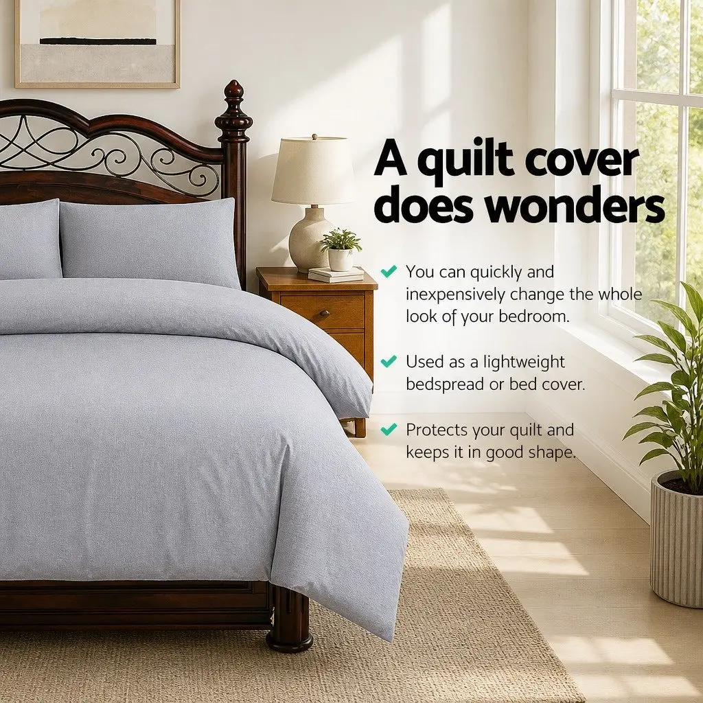 3 Piece Grey Quilt Cover Set Queen Lightweight Soft Bedding Duvet Pillowcases
