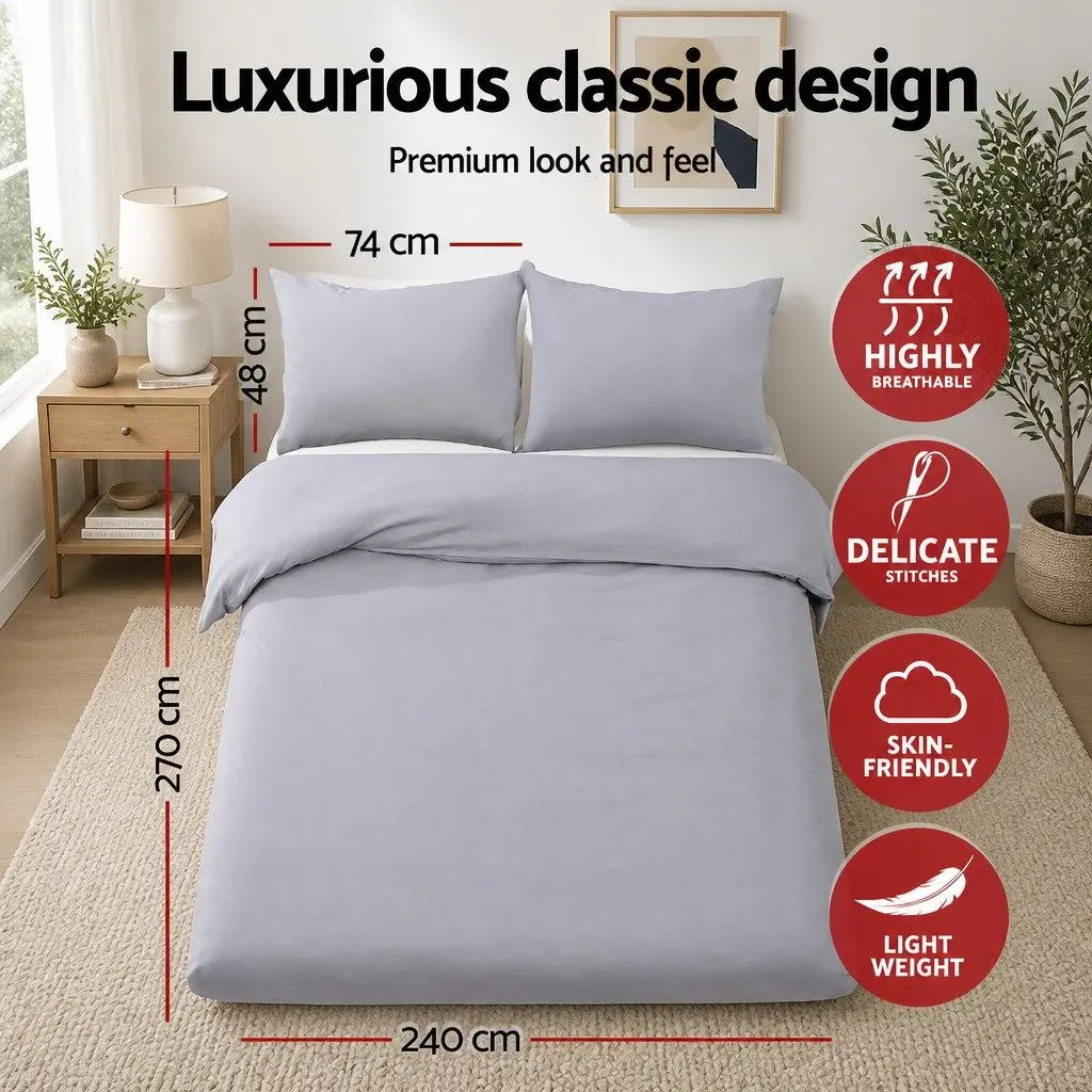 Super King Quilt Cover Set Grey 3-Piece Microfibre Duvet Bedding with