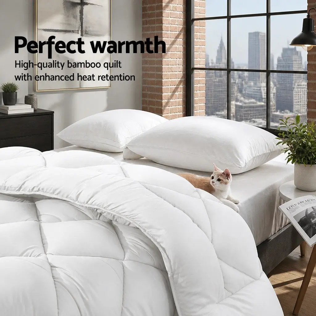 Bamboo Microfibre Quilt White Super King 800GSM Hollow Fibre Filling Diamond Stitch