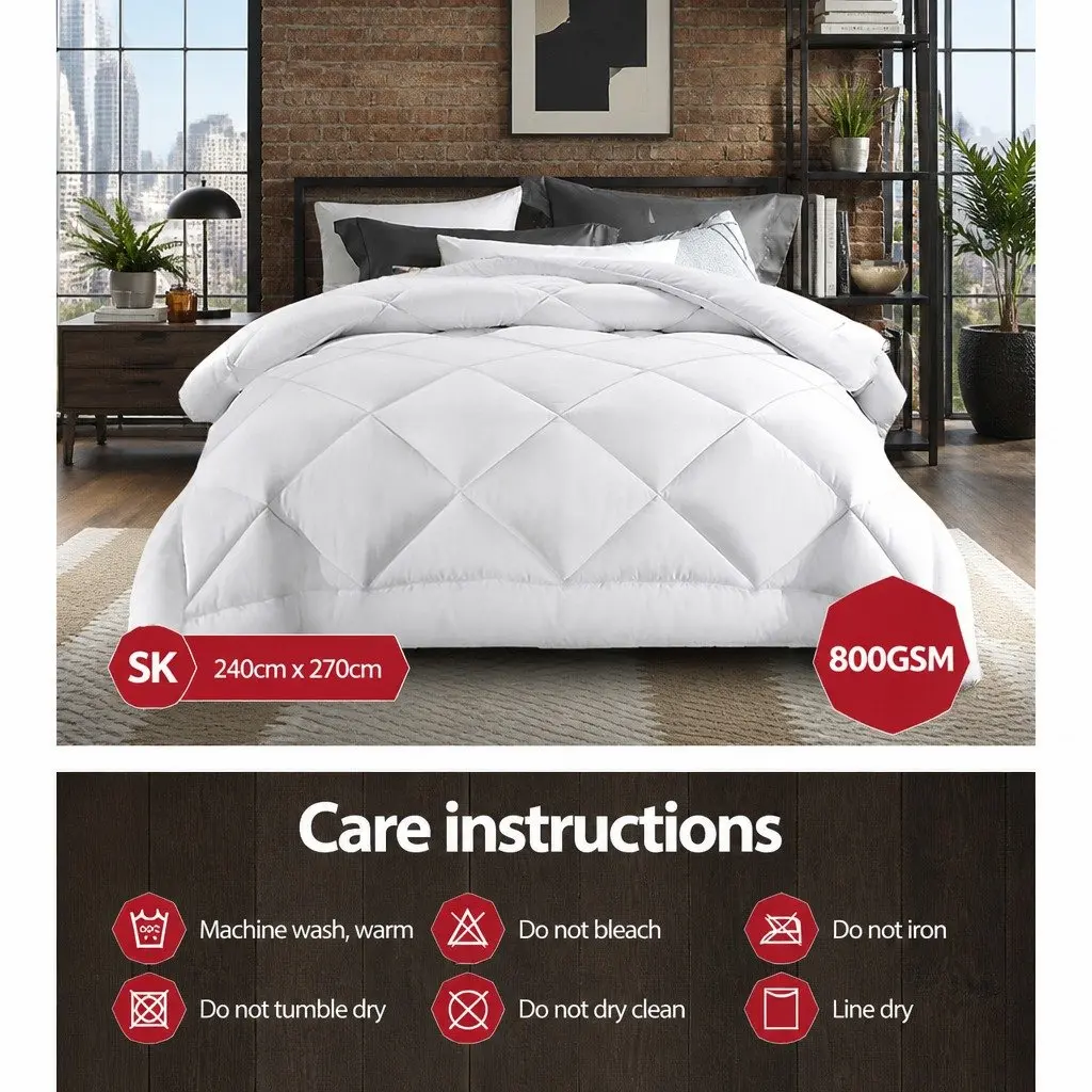 Bamboo Microfibre Quilt White Super King 800GSM Hollow Fibre Filling Diamond Stitch