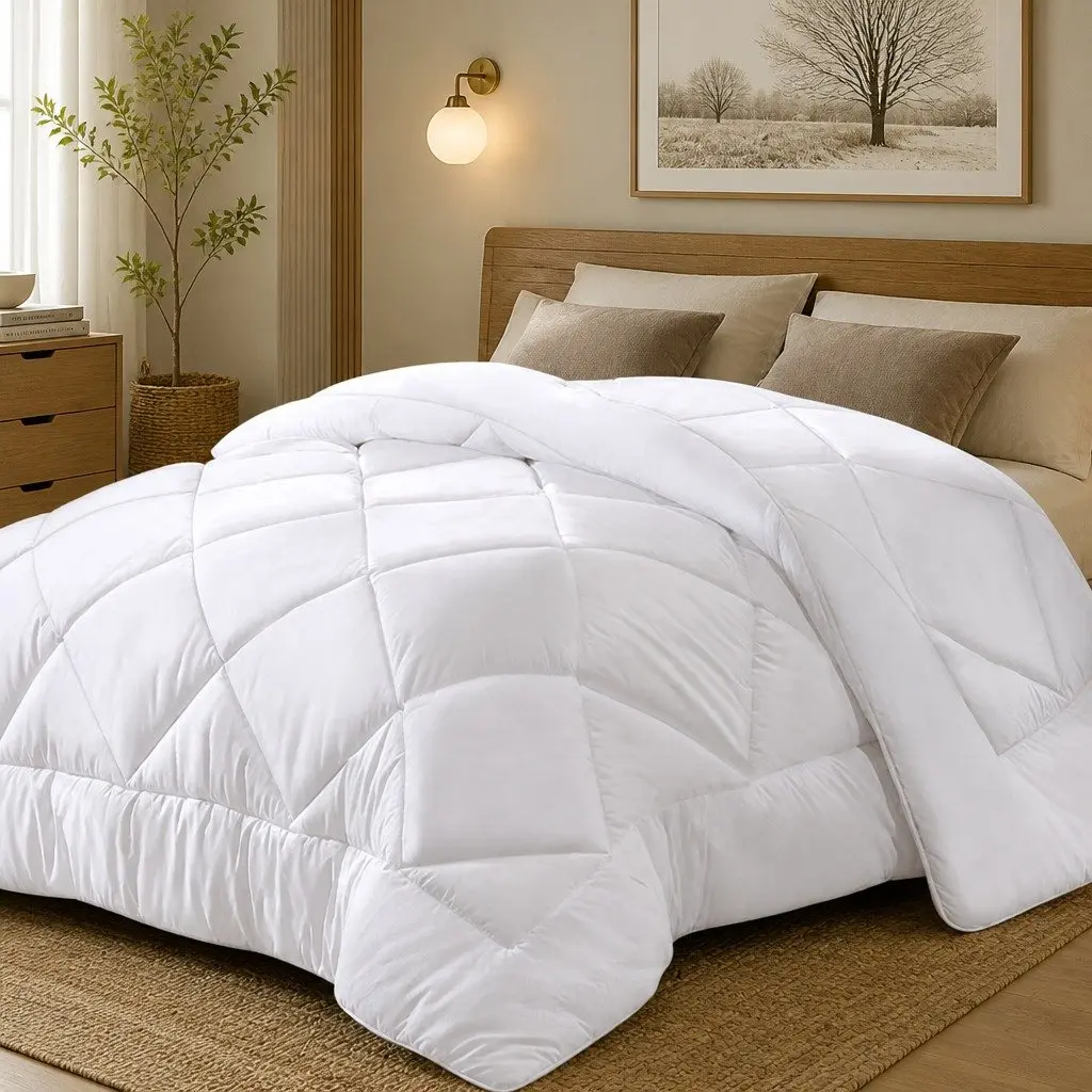 Bamboo Microfibre Quilt White Super King 800GSM Hollow Fibre Filling Diamond Stitch