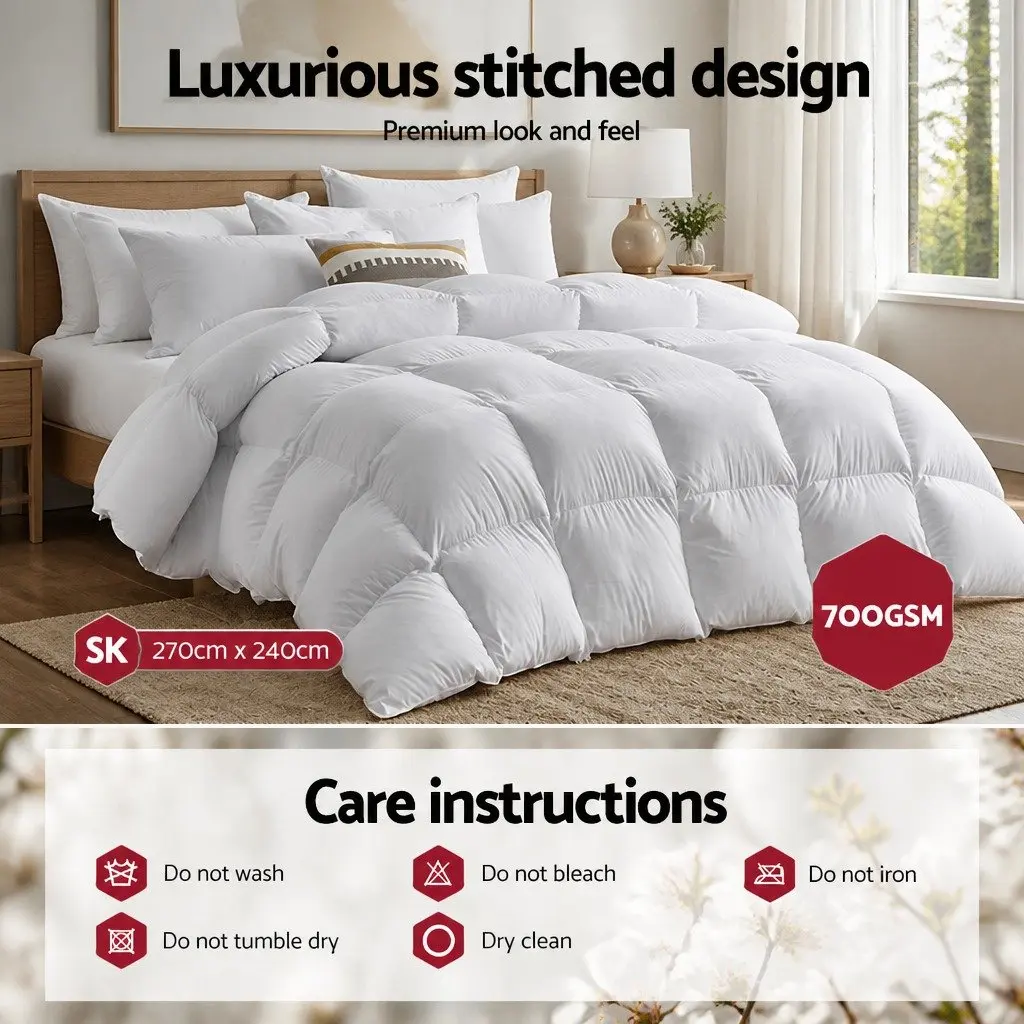 Duck Down Feather Quilt White Super King 700GSM Baffle Construction Cotton Cover