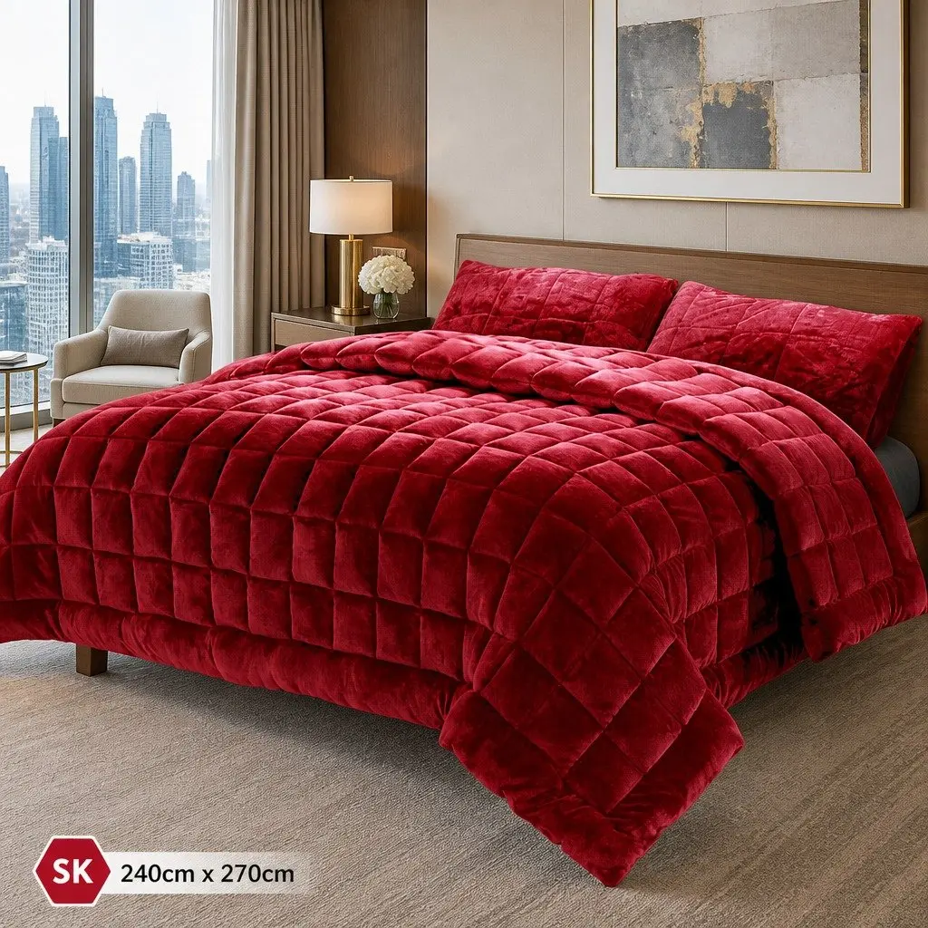 Super King Size Burgundy Double-Sided Faux Mink Quilt Winter Bed Cover Machine Washable